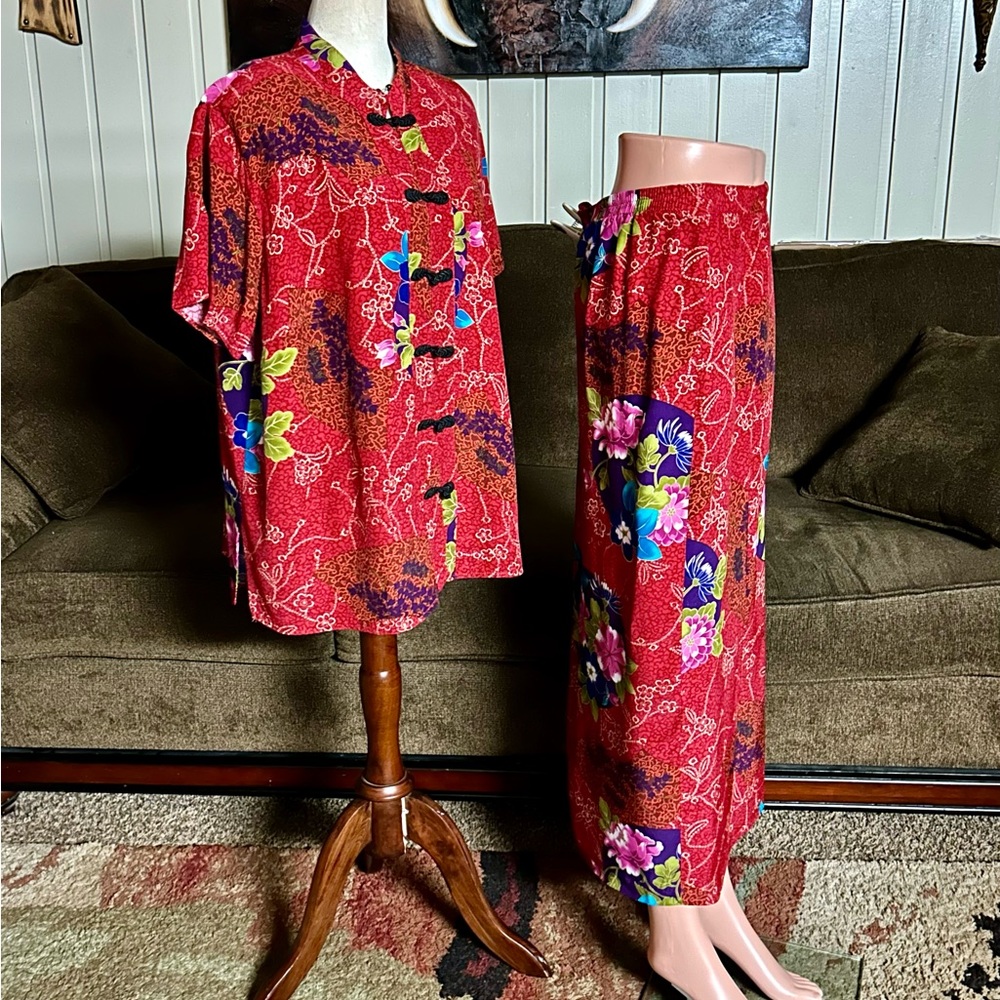 Clio II • Vintage • 1980’s • Size 1X • 2 Pieces • Red • Asian • Floral • Dress - Picture 8 of 14